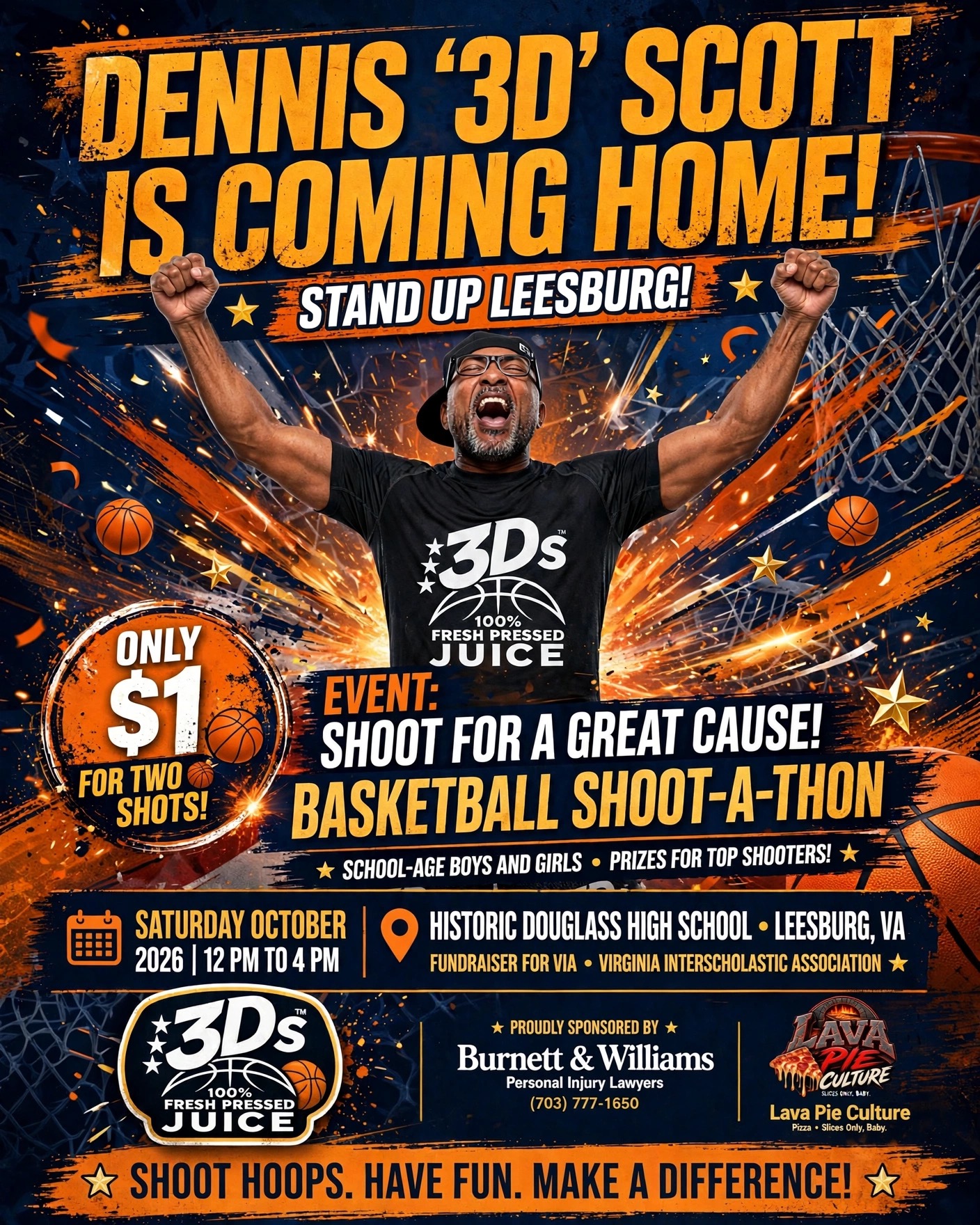 Event poster announcing that Dennis ‘3D’ Scott is coming home to Leesburg for a basketball shoot-a-thon supporting a great cause