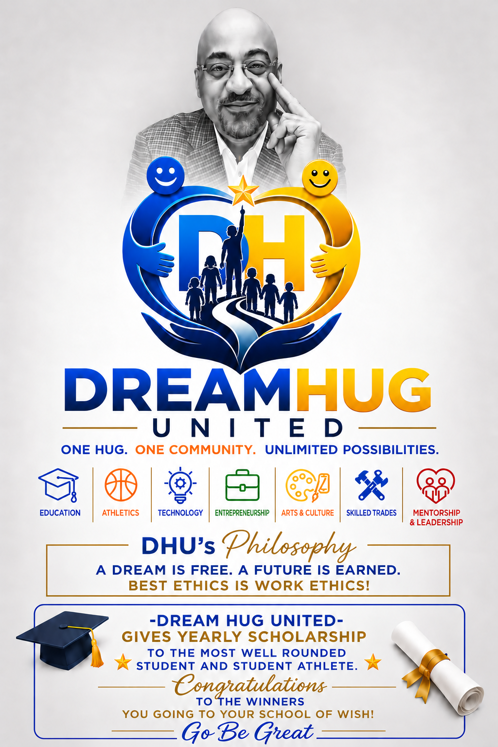 DreamHug United scholarship artwork congratulating yearly scholarship winners and encouraging them to go be great