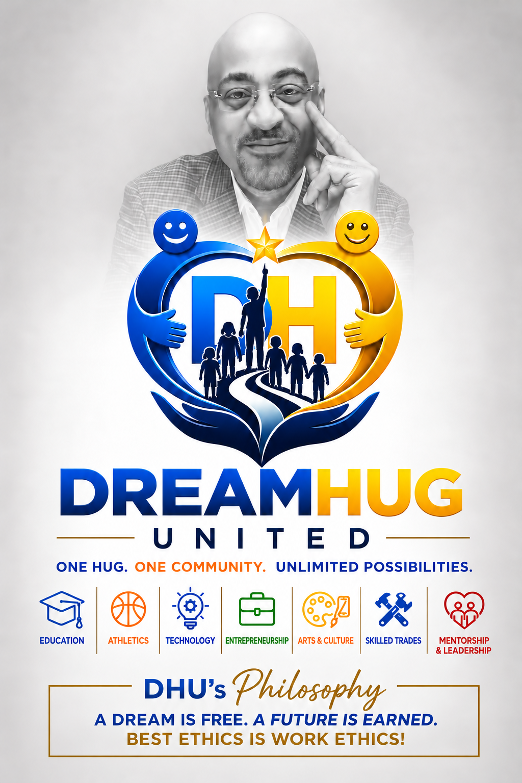 DreamHug United artwork featuring its logo, seven areas of opportunity, and its work-ethic philosophy